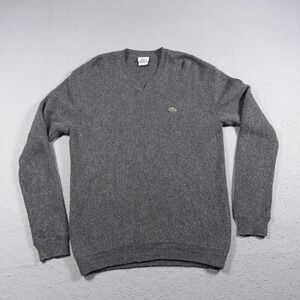 Lacoste Sweater Mens XL Gray 100% Baby Alpaca V Neck Pullover Knit Logo Soft